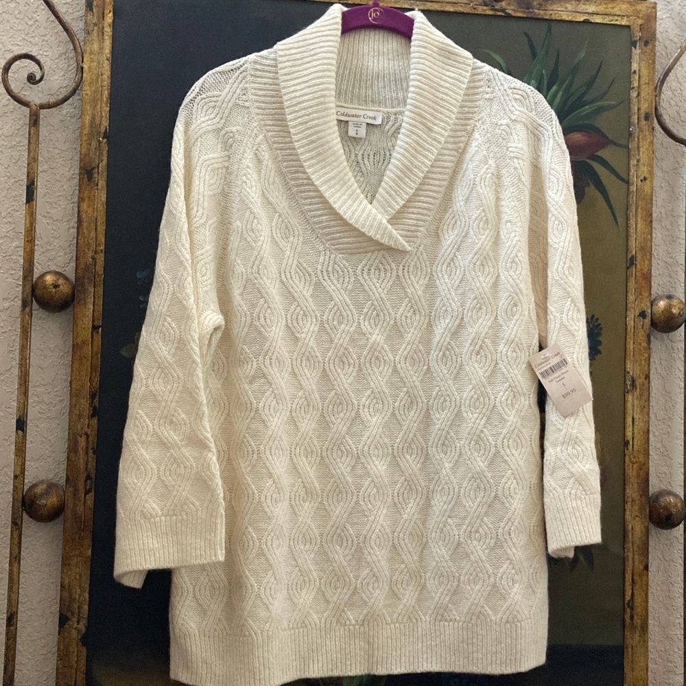 Coldwater Creek Wool Blend Cable-Knit Shawl-Collar Super Soft Sweater S/M
